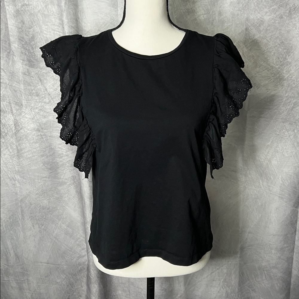 Molly Bracken Black Eyelet Ruffle Sleeve Women's Top - MED